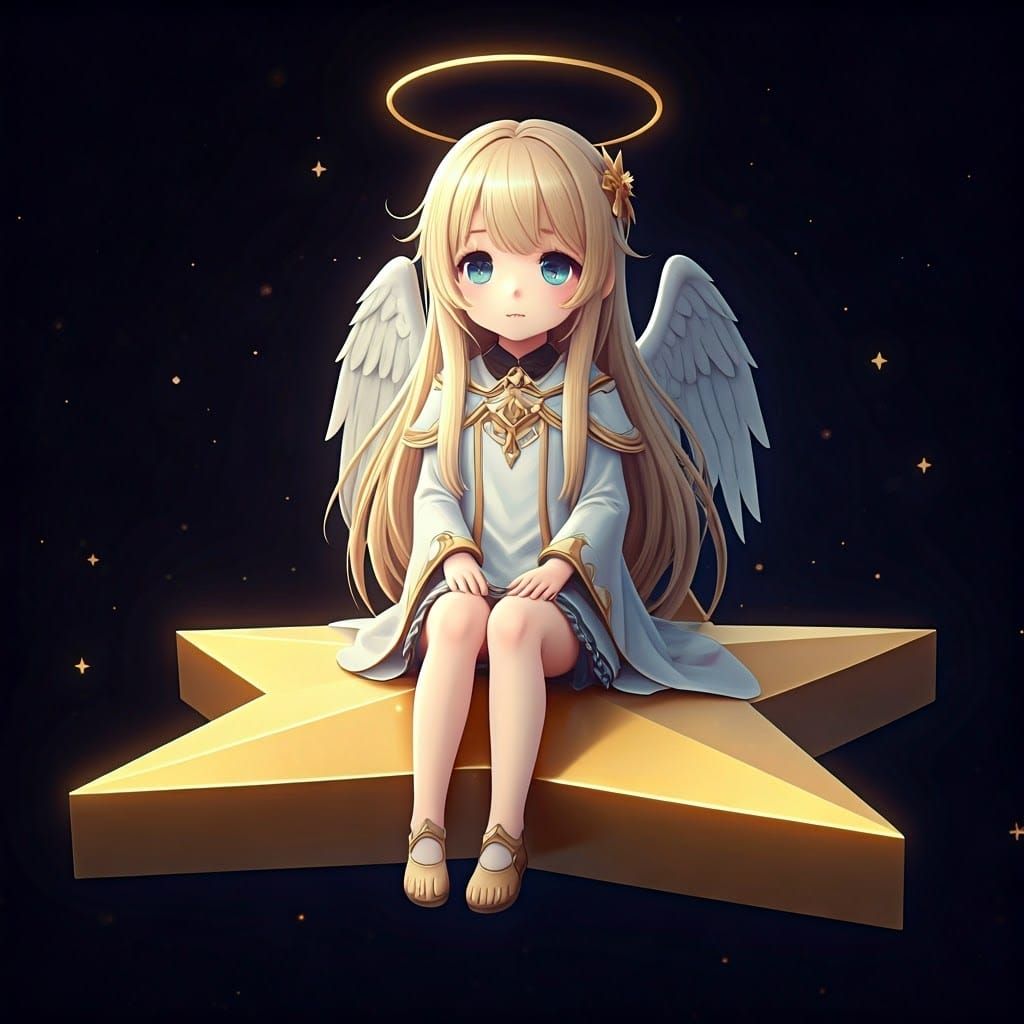 Blond Angel Girl on Star: 3D Anime Art
