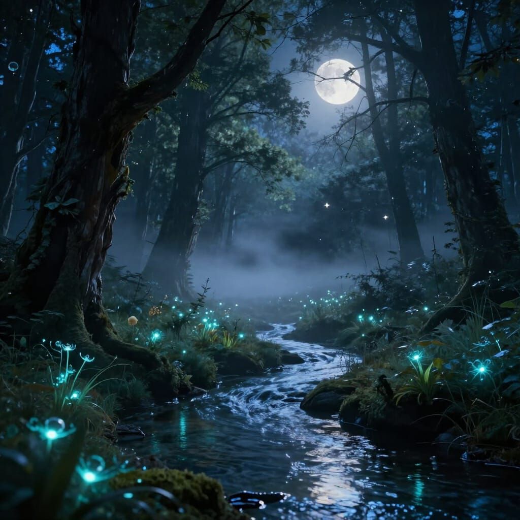 Moonlit Forest with Bioluminescent Plants and Ethereal Mist