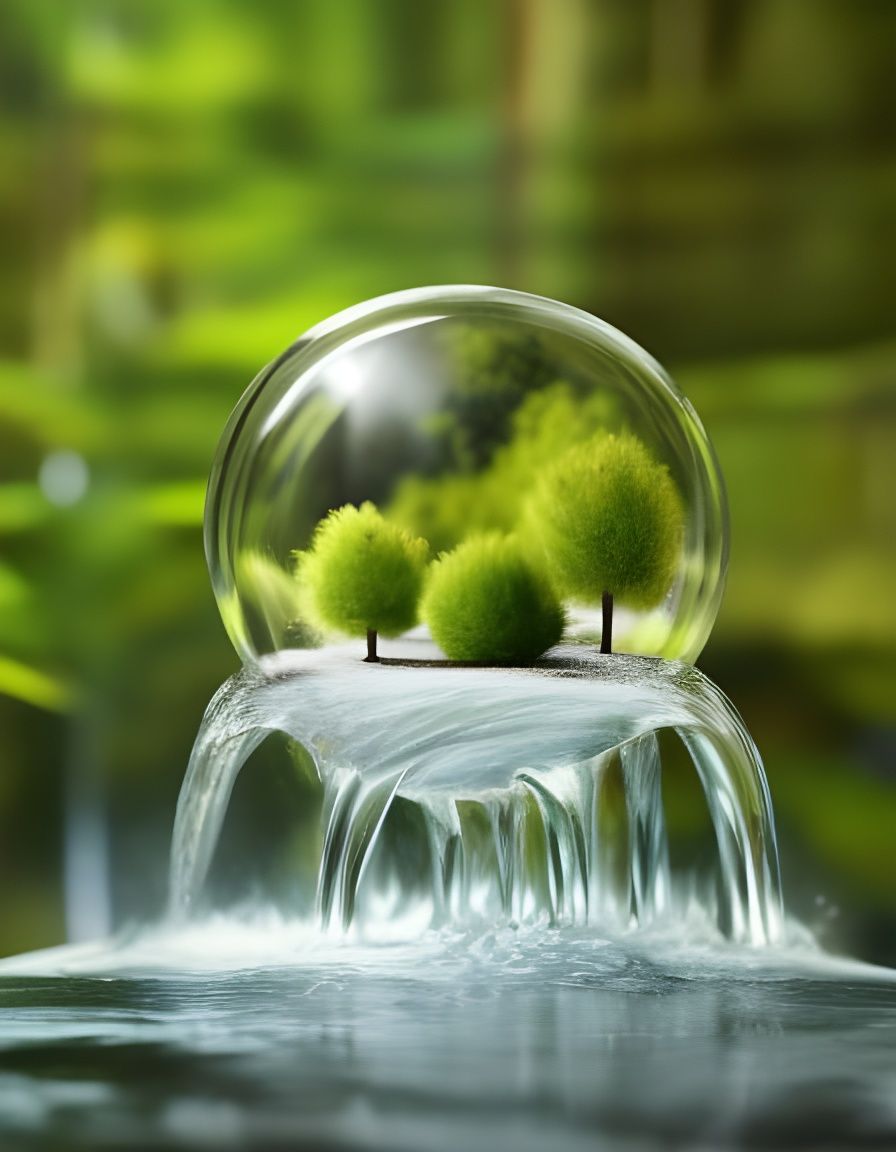 Glass Sphere Trees Cascade Down Waterfall: Hyperrealistic Co...
