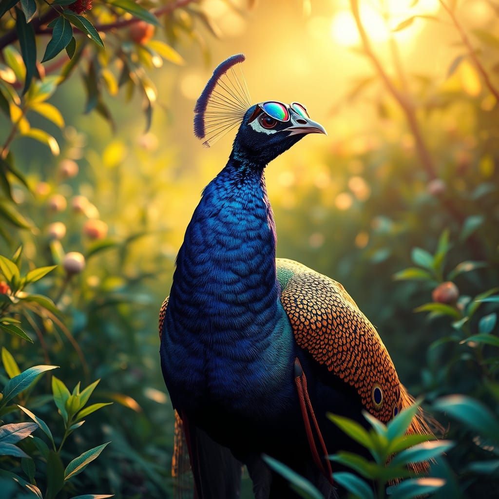 Surrealistic Peacock Strolls Through Emerald Wilderness with...
