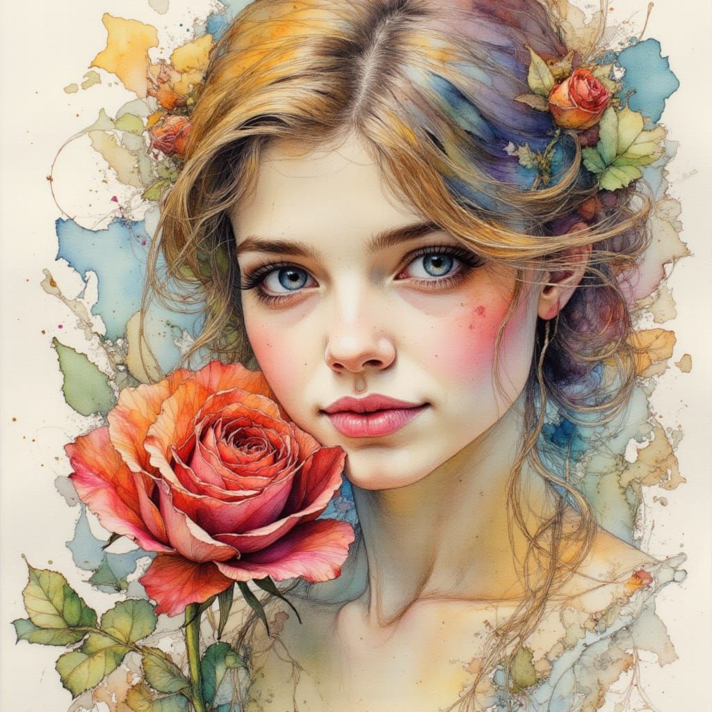 Belle with Rose: Detailed Pen and Ink Masterpiece