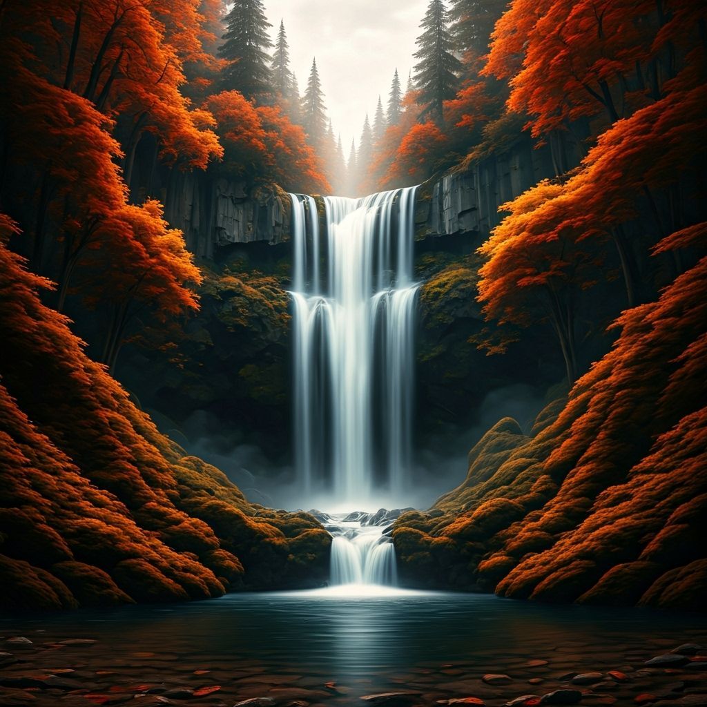 Majestic Autumn Waterfall in Hyperrealistic Style