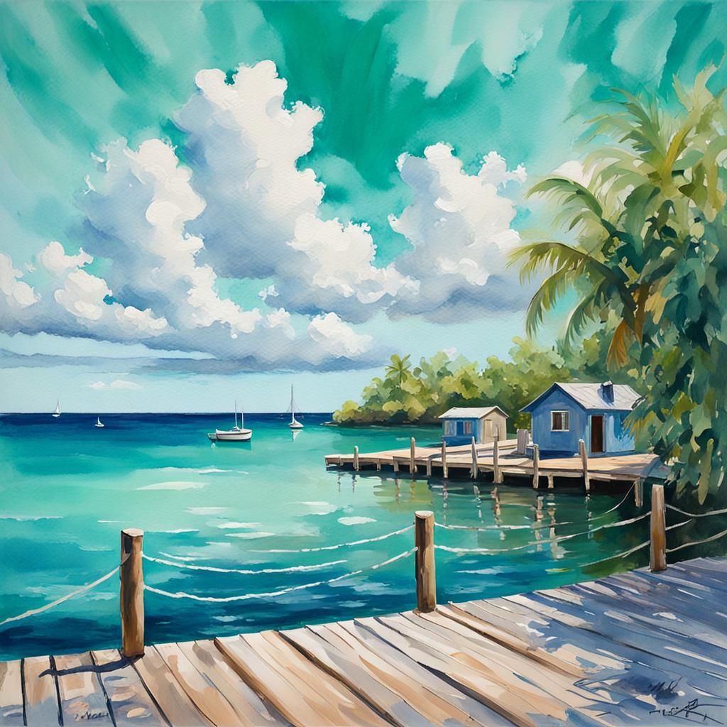 Caribbean Bay Scene in Gouache Style