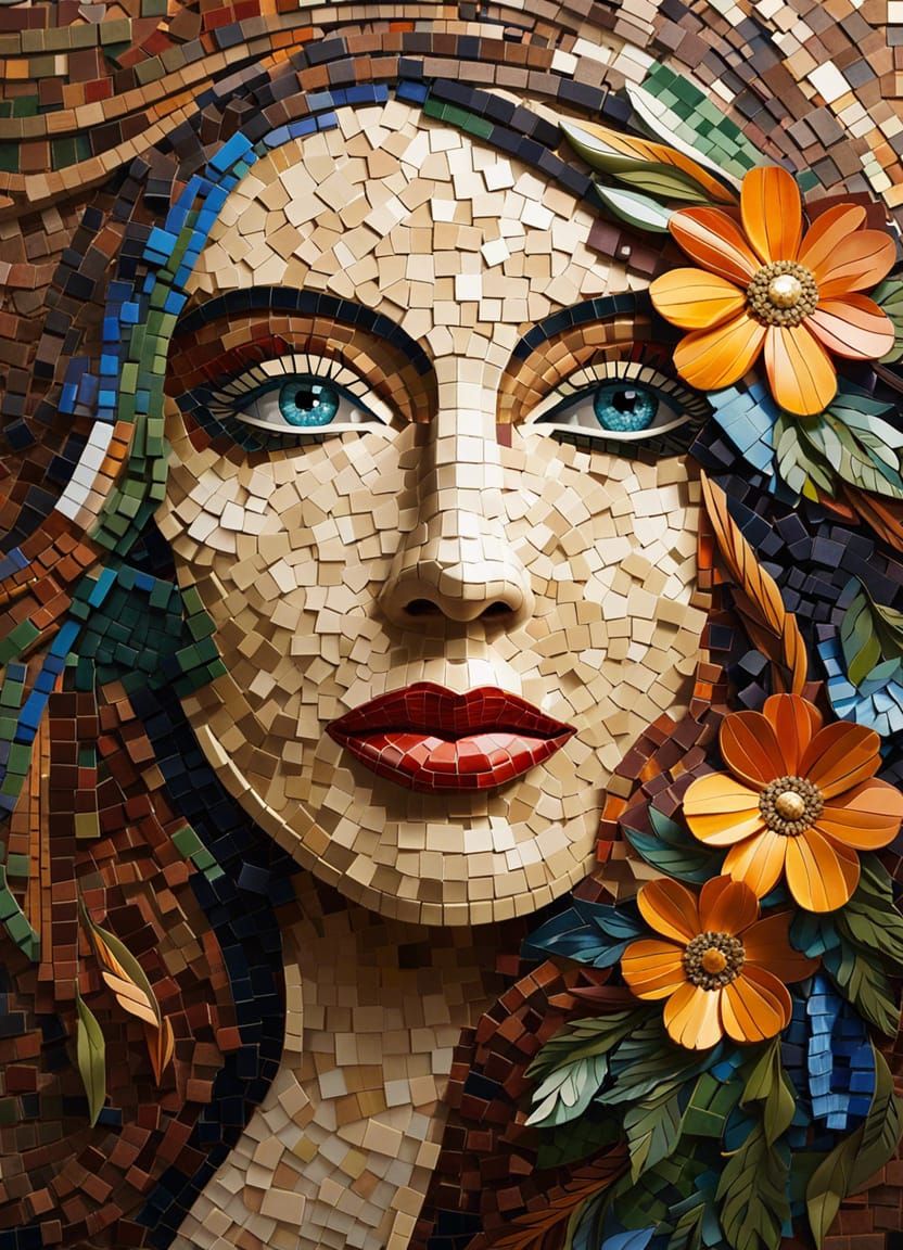 Mosaic portrait of a gorgeous flower woman made from discarded bathroom tiles and kitchen tiles