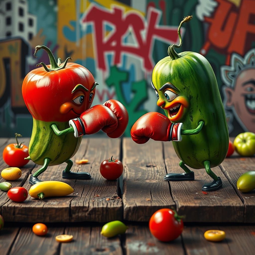 Vibrant Cucumber and Tomato Boxing Match in Street Art Style