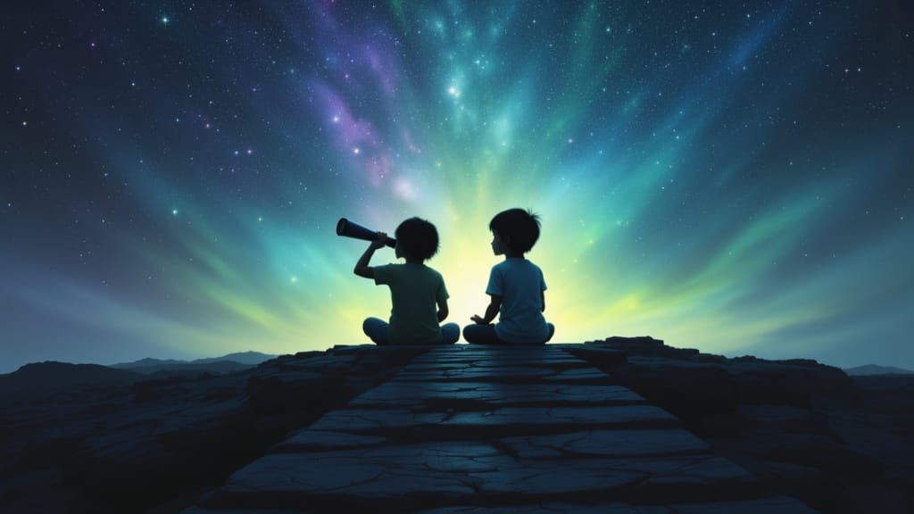 Children Gazing at Starry Sky with Telescope