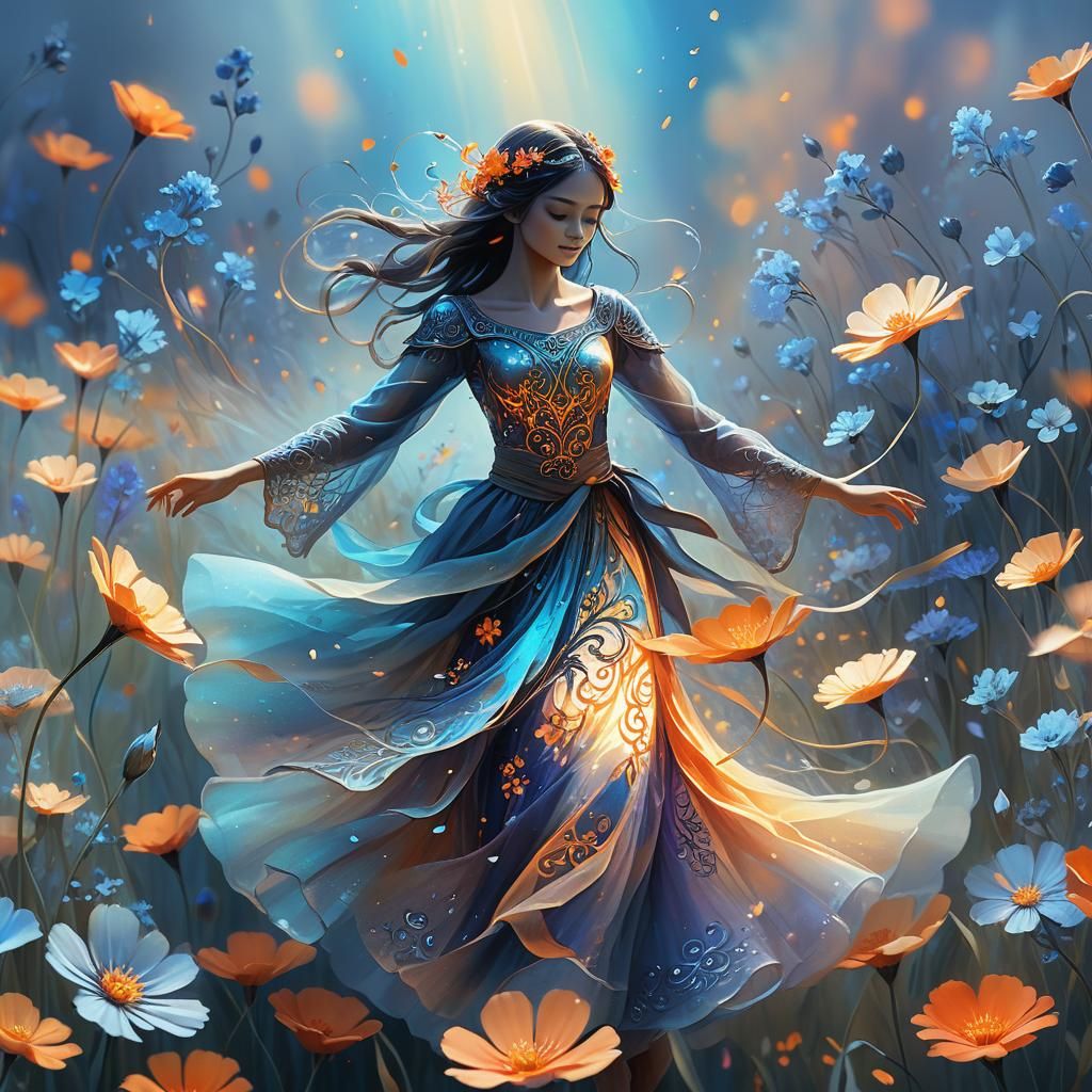 Mystic Entity Dances in Iridescent Flower Field