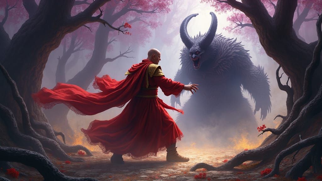 Monk Battles Dark Entity in Mystical Realm