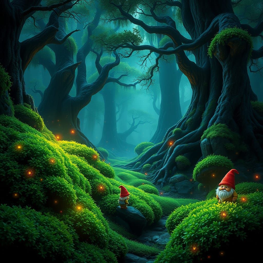 Mystical Forest Gnomes in Vibrant, Luminous Scenery