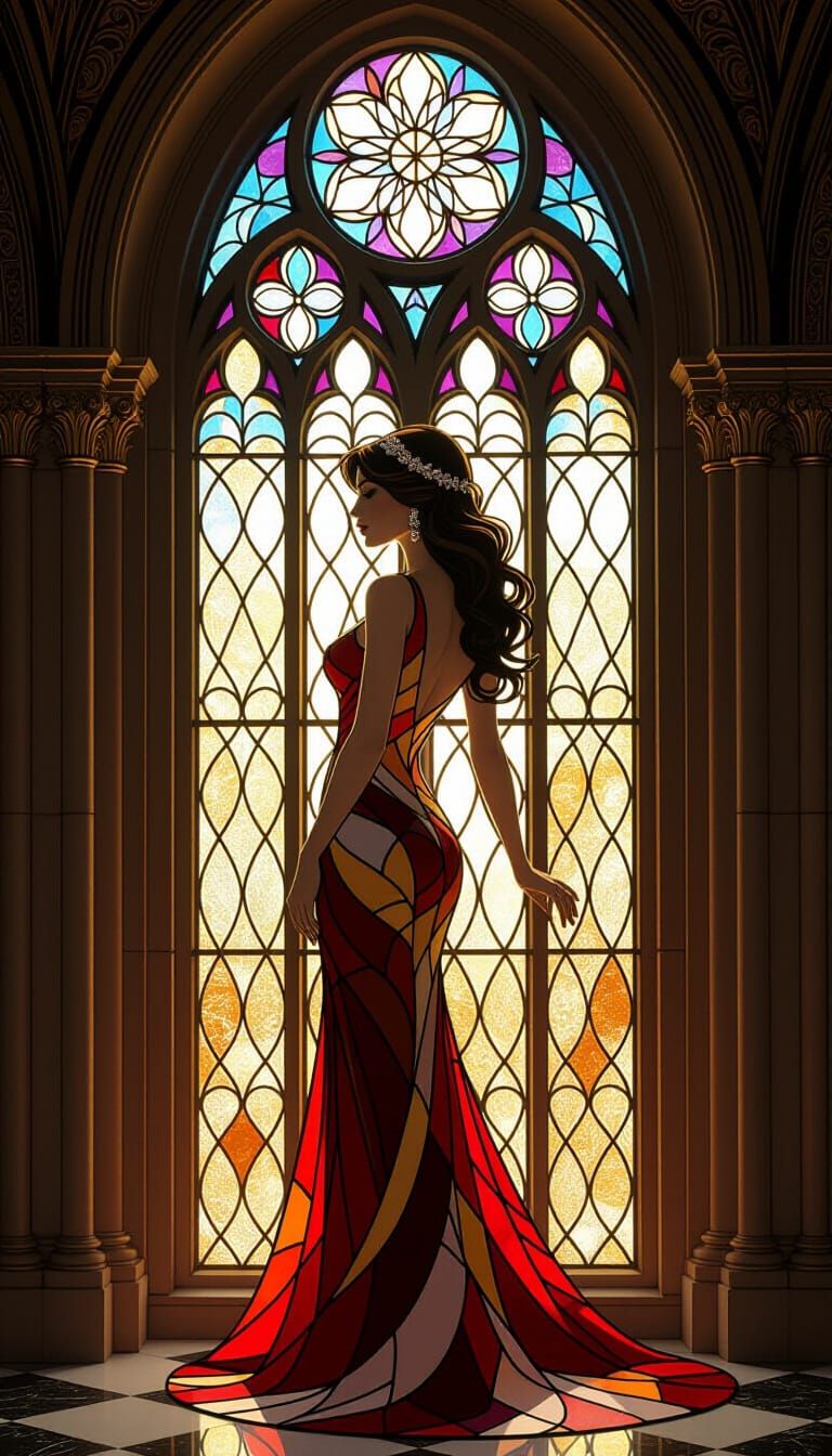 Stained Glass Woman in Gothic Cathedral Alcove