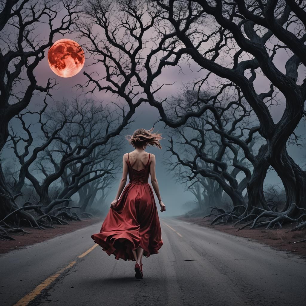 Girl Running from Monster Trees: Surreal Oil Painting