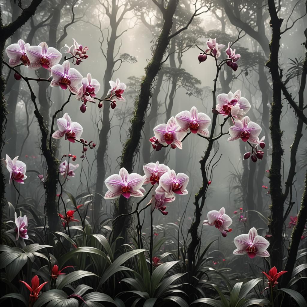Delicate Orchids Bloom in Dreamlike Forest