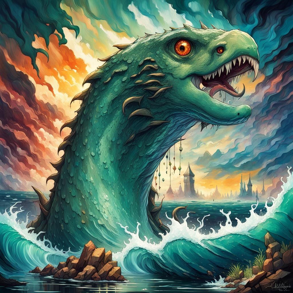 Anime Loch Ness Monster Portrait in Triadic Colors