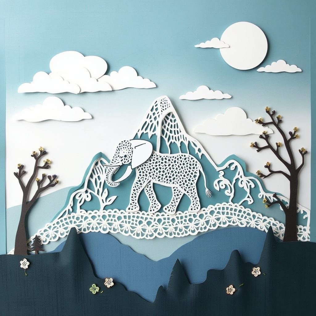 Lace Paper Elephant on Mountain Collage