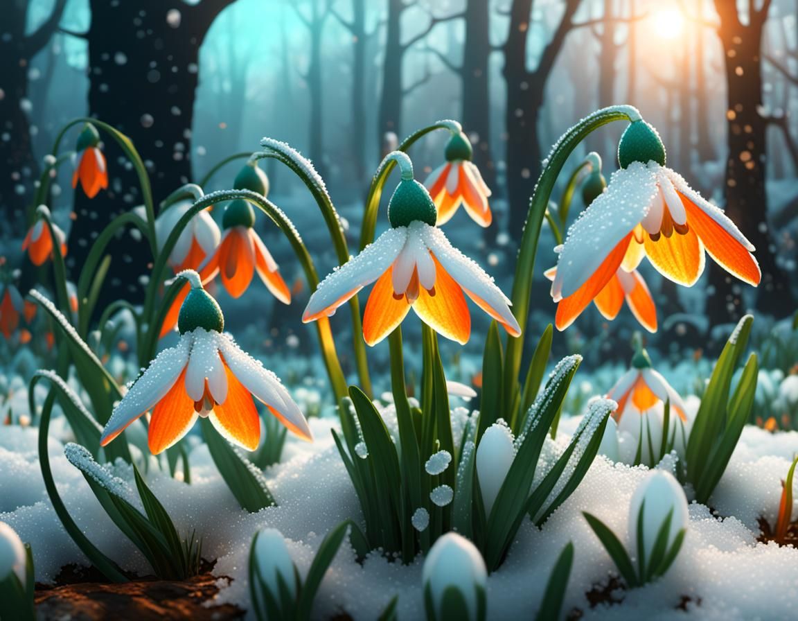 Snowdrops Glistening with Dew in Hyperdetailed Lighting