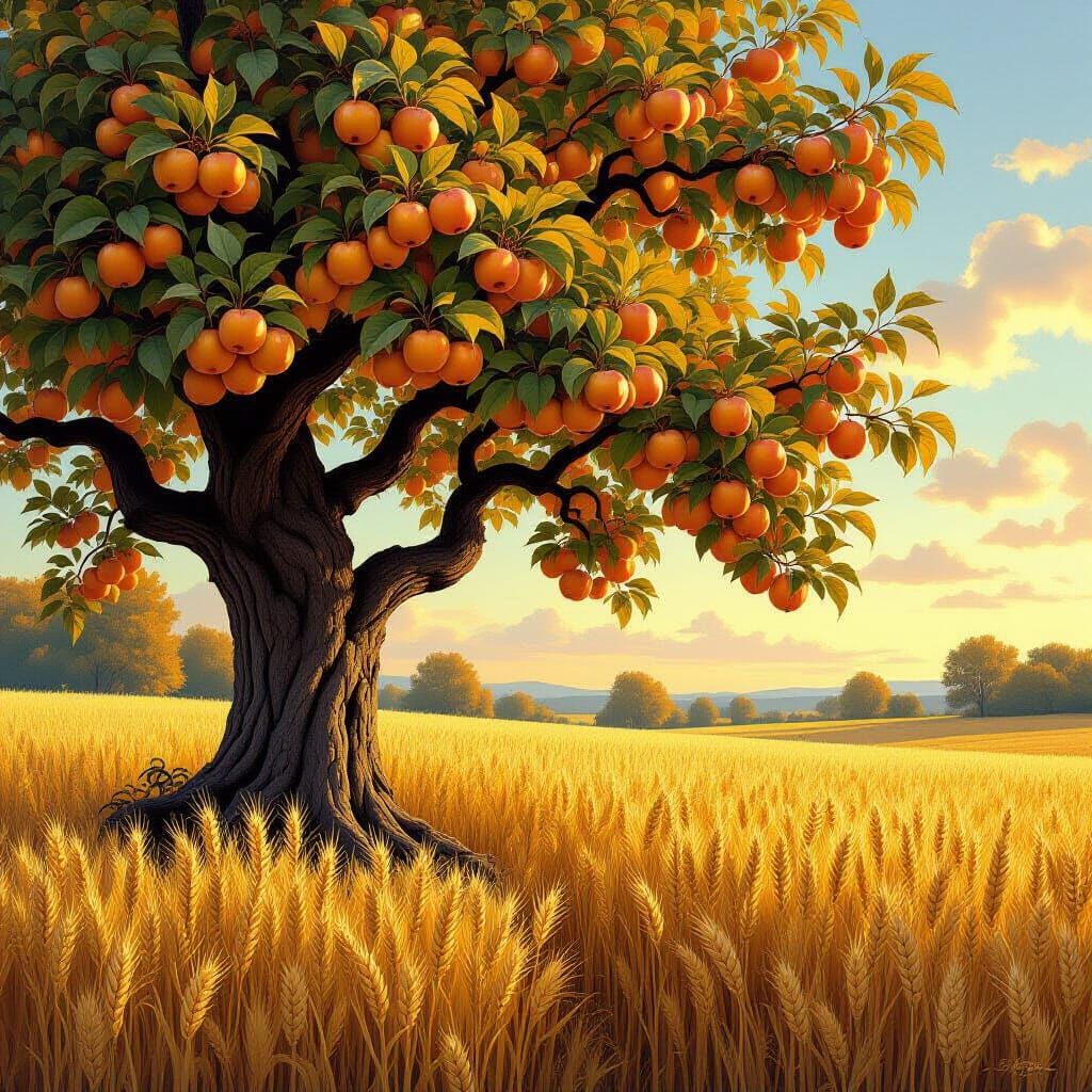 Ancient Tree Heavy With Golden Apples in Autumn Field