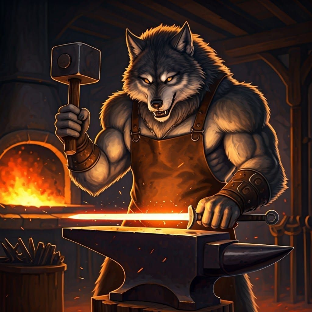 Werewolf Blacksmith Wields Sizzling Hammer in Fiery Forge
