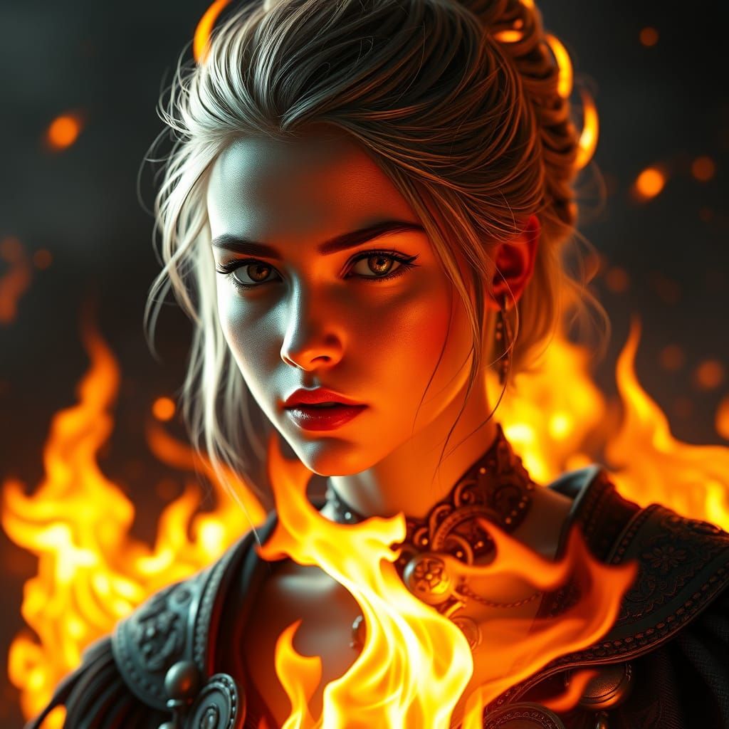 Dark Fantasy Portrait of a Young Woman with Fiery Determinat...