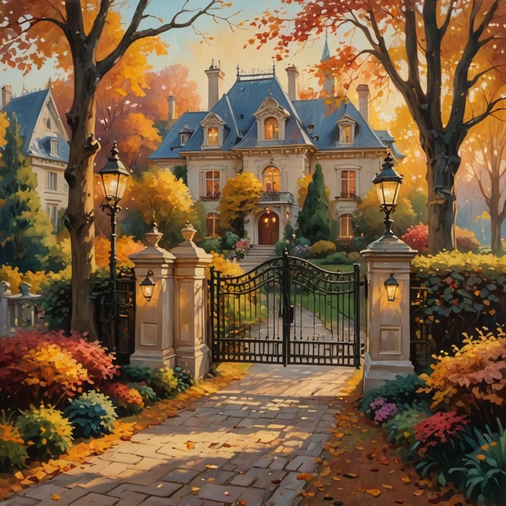Autumn Mansion in Impressionistic Oil Painting