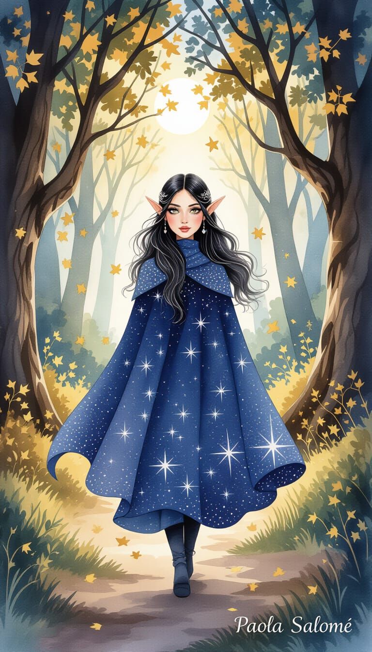 Whimsical Elf Woman in Star Cape in Moonlit Forest