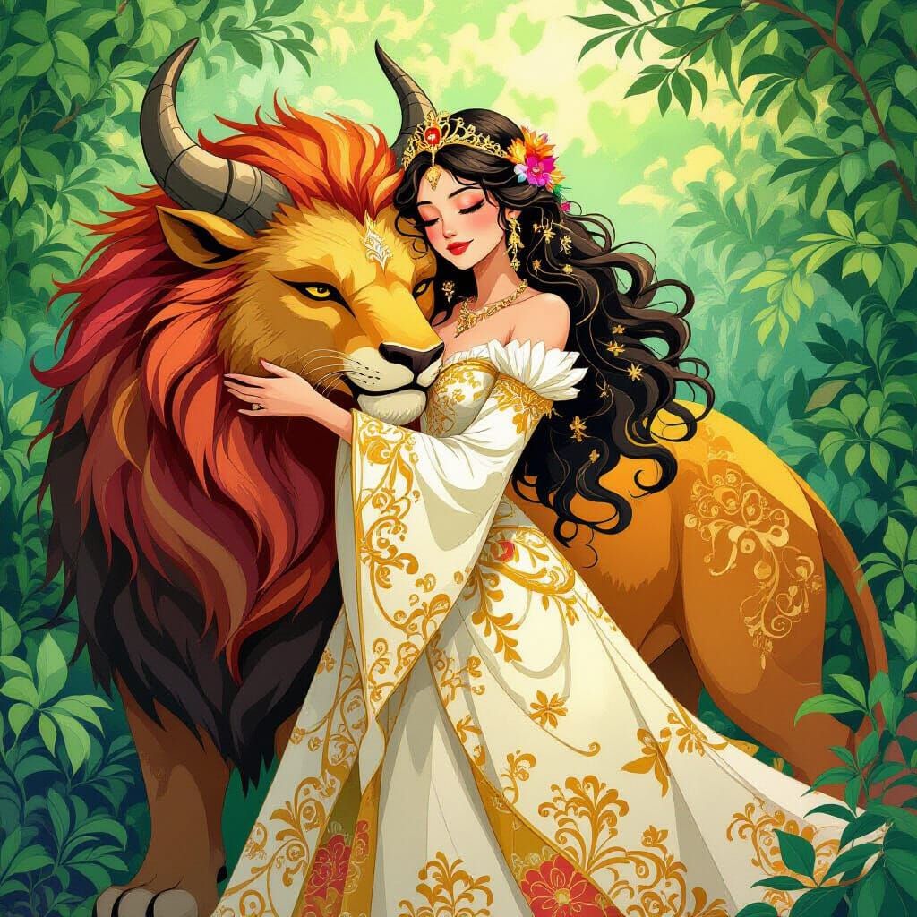 Golden Princess Embracing Beast in Fantasy Style