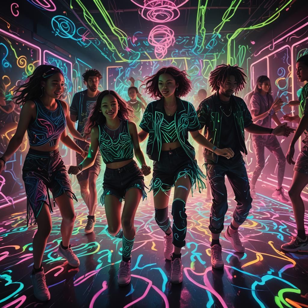 Fluorescent Dancers in a Fantasy Art Style