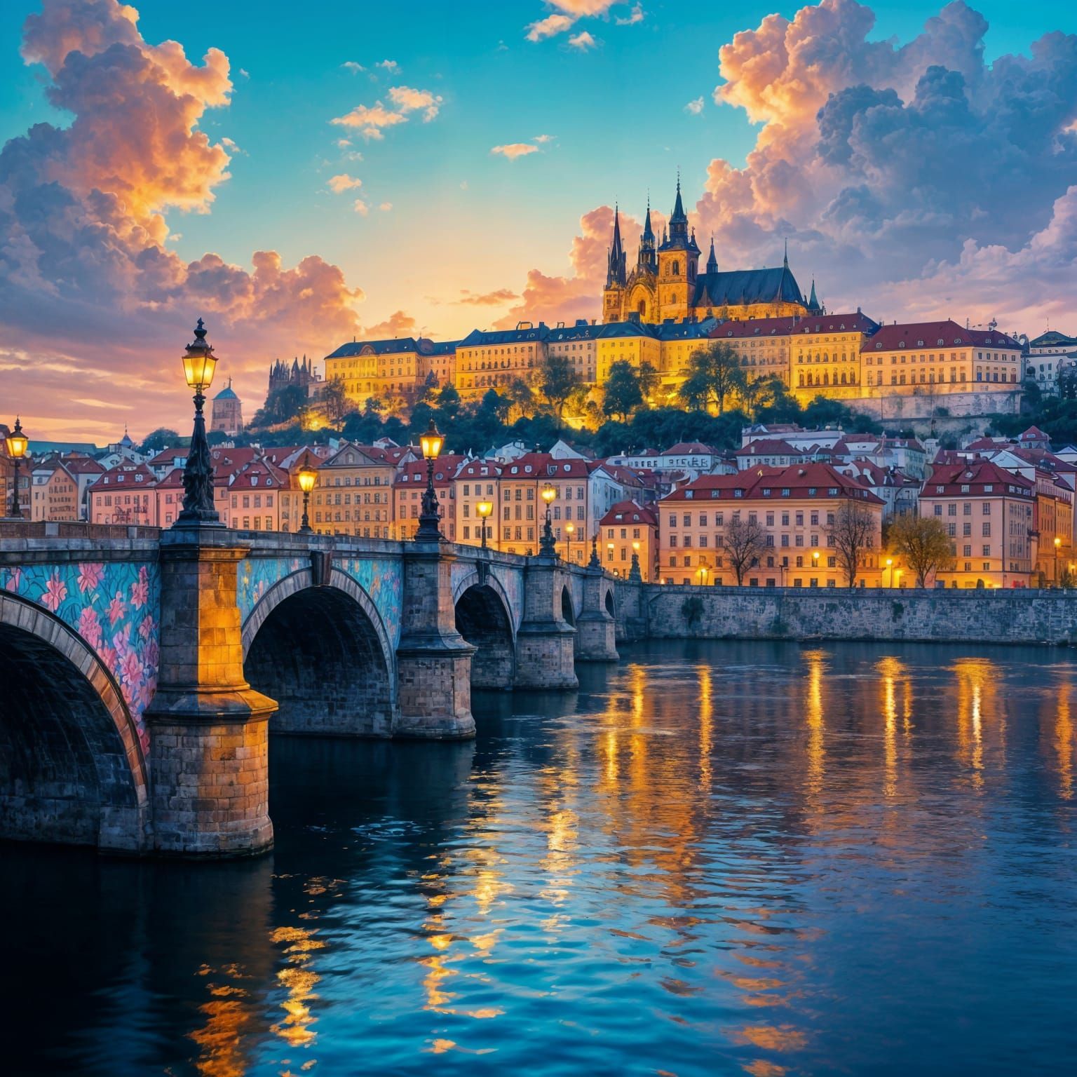 Iconic panorama of evening Prague