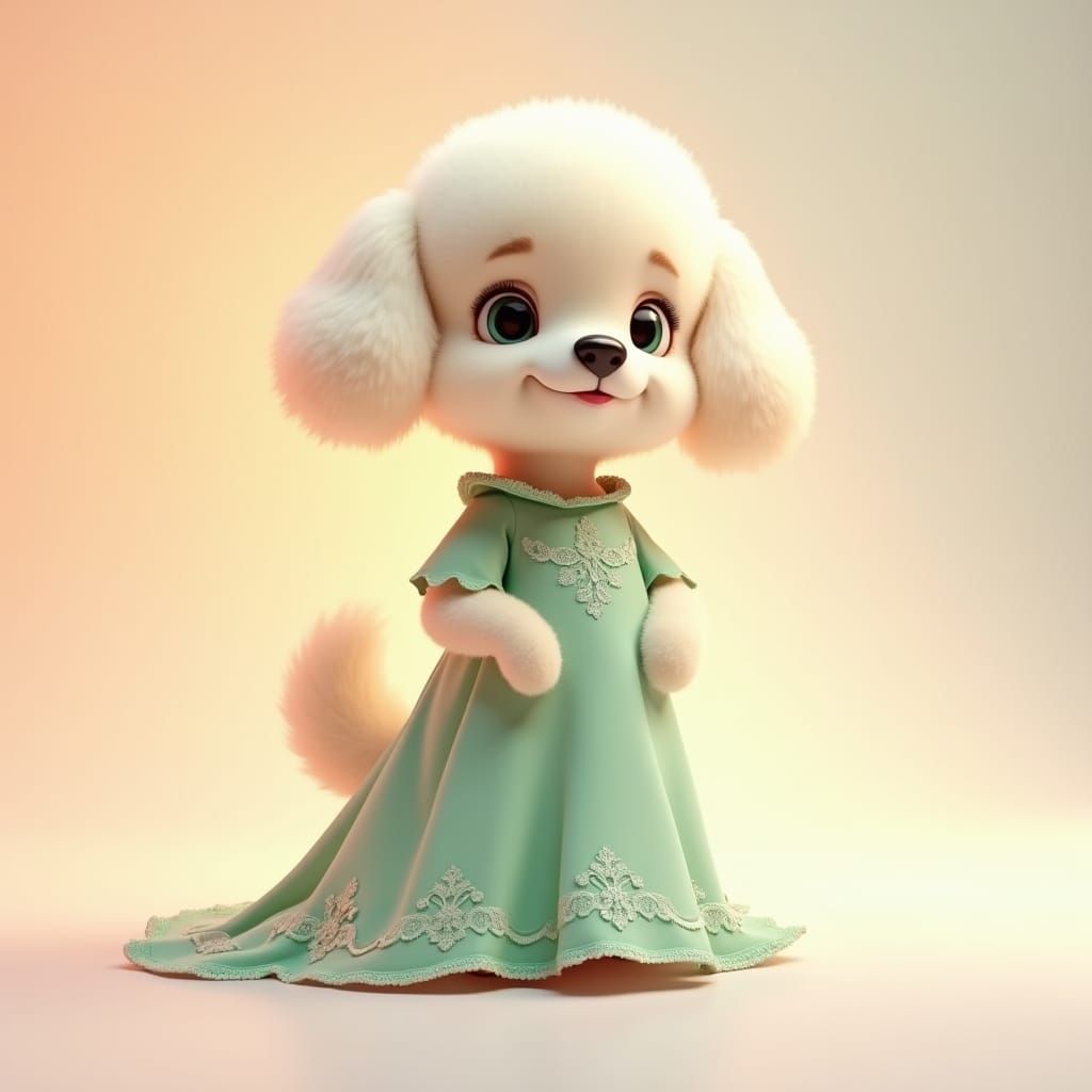 Dog in Green Chiffon Dress as 3D Digital Art