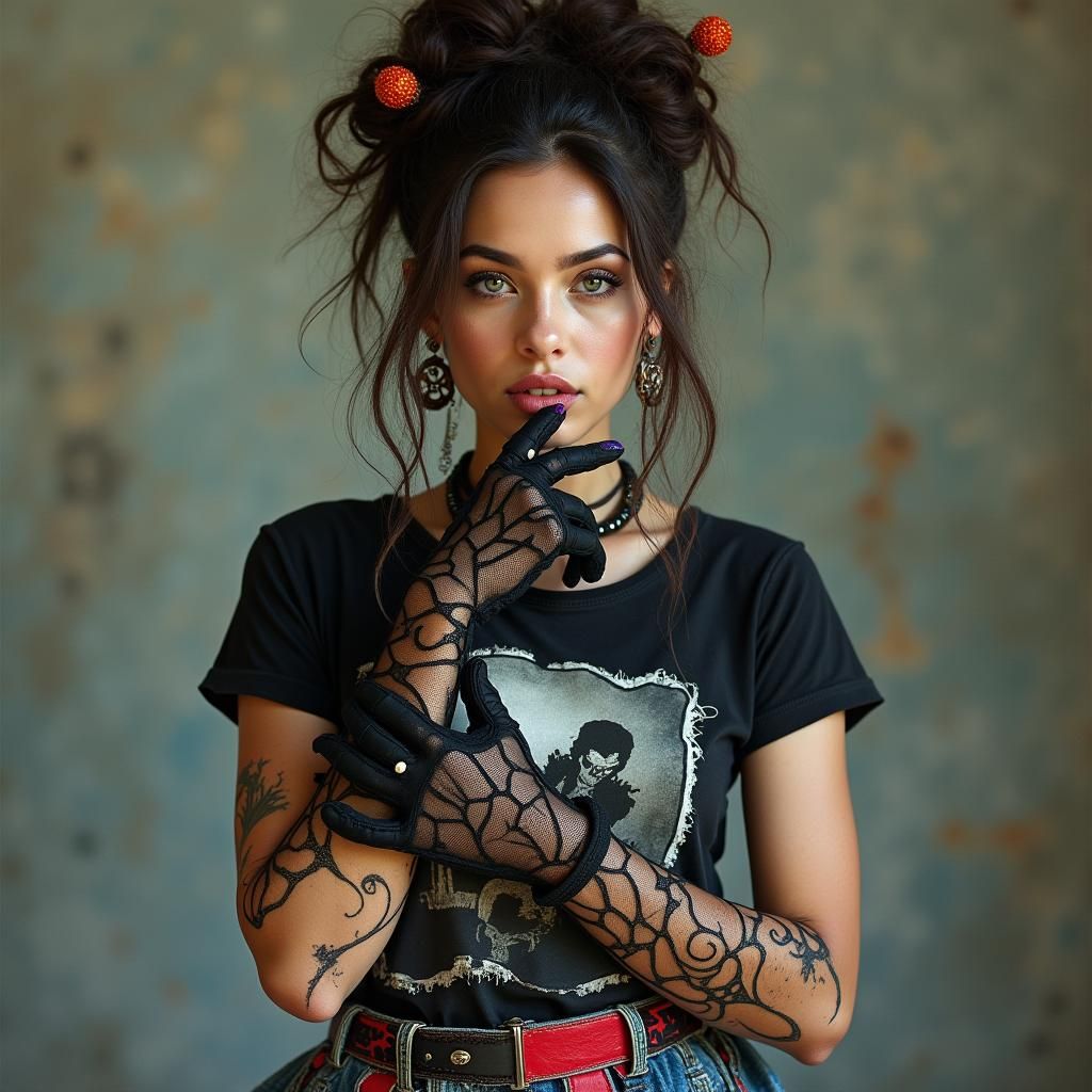 Young Woman in Damaged Goods Chic Ensemble