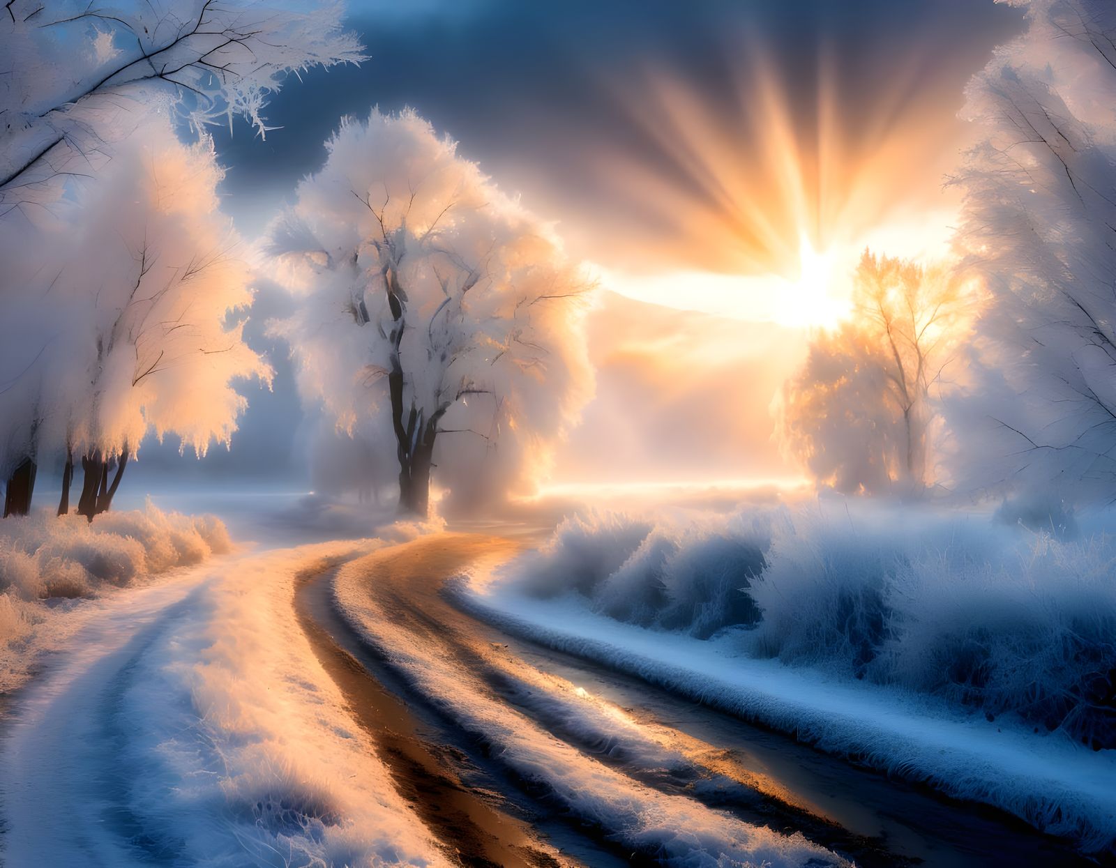 Winter Frost Landscape in Crepuscular Light