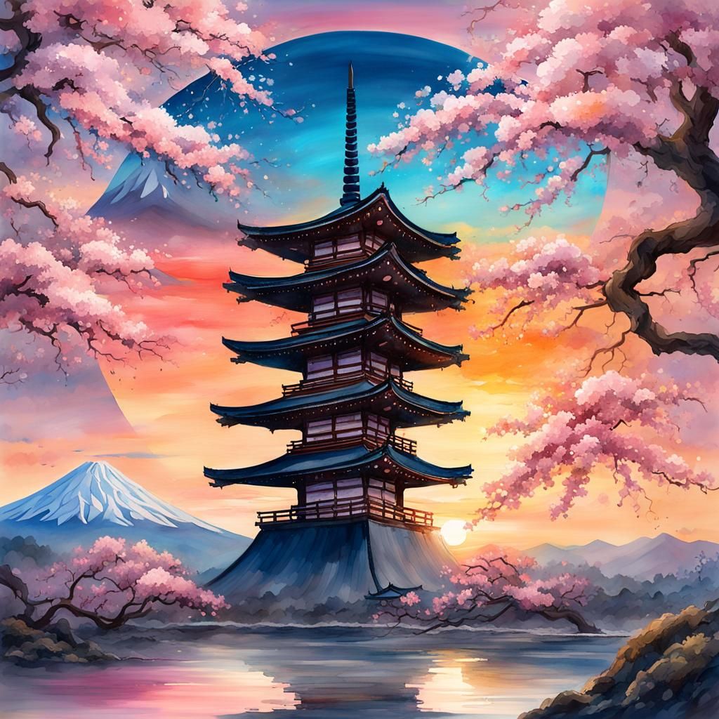 Sakura and Mt. Fuji in Watercolor Splash Art