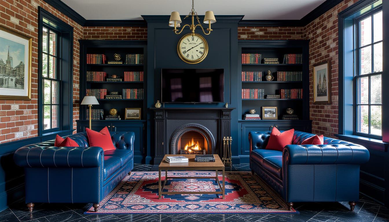 Victorian Living Room with Dark Blue and Brick Accents