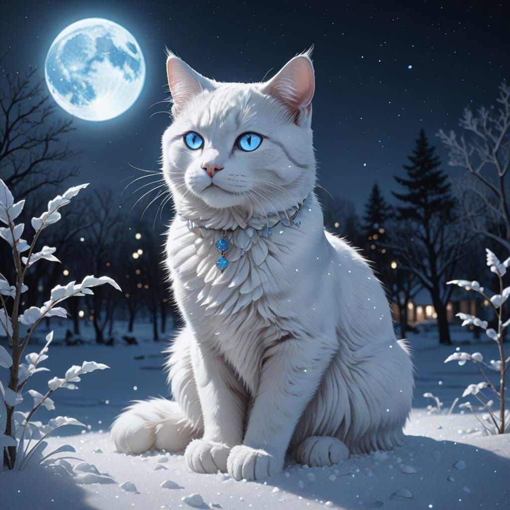 Surreal Anime-Style White Cat in Snowy Lunar Scene