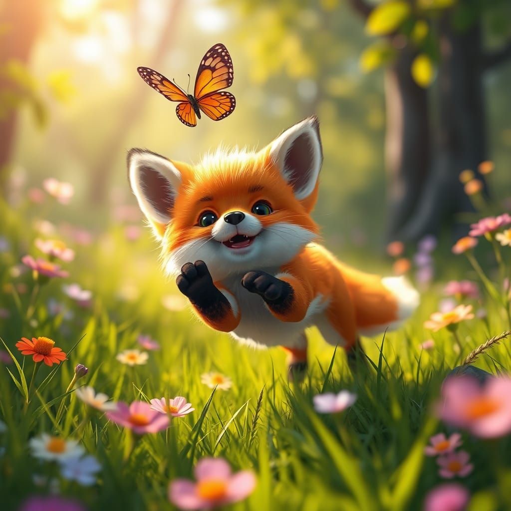 Playful Fox Cub in Sun-Drenched Meadow