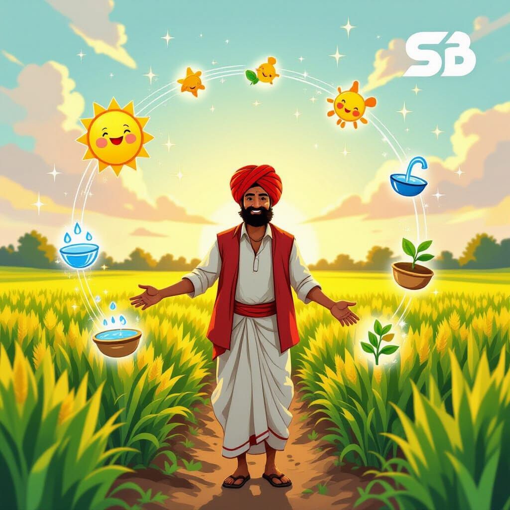 Indian Farmer in Lush Farm: 2D Cartoon Illustration