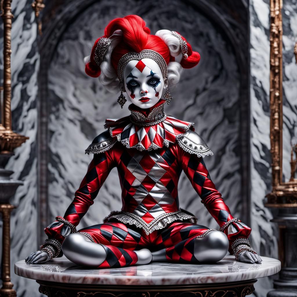 Detailed Harlequin Doll on Marble Stand