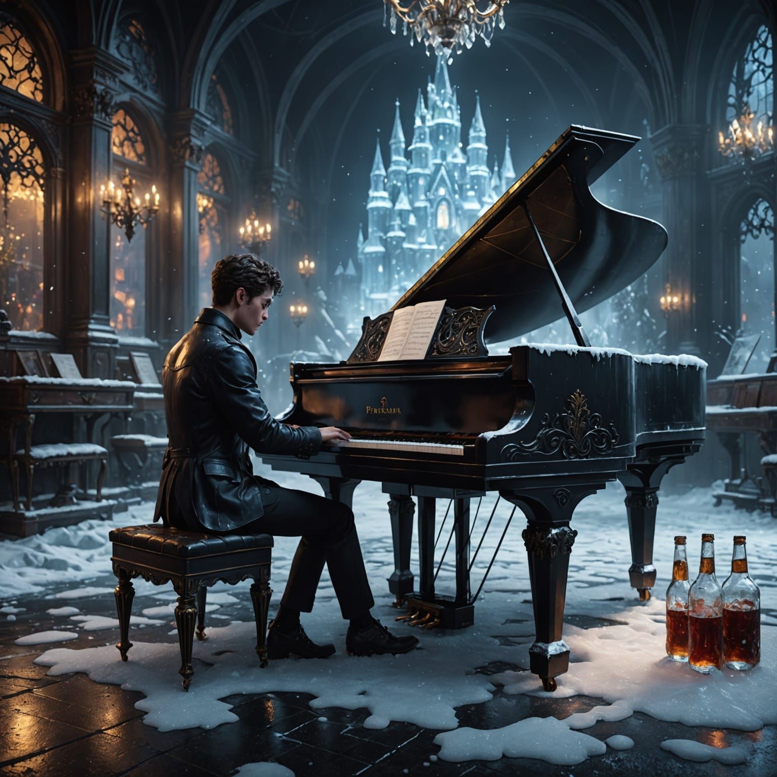 Ice Persona Playing Piano: Detailed Digital Painting