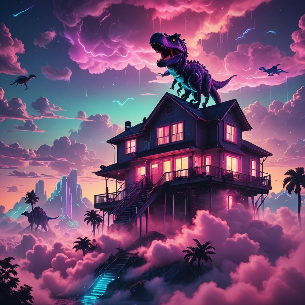 Synthwave Neon House in Clouds with Dinosaurs