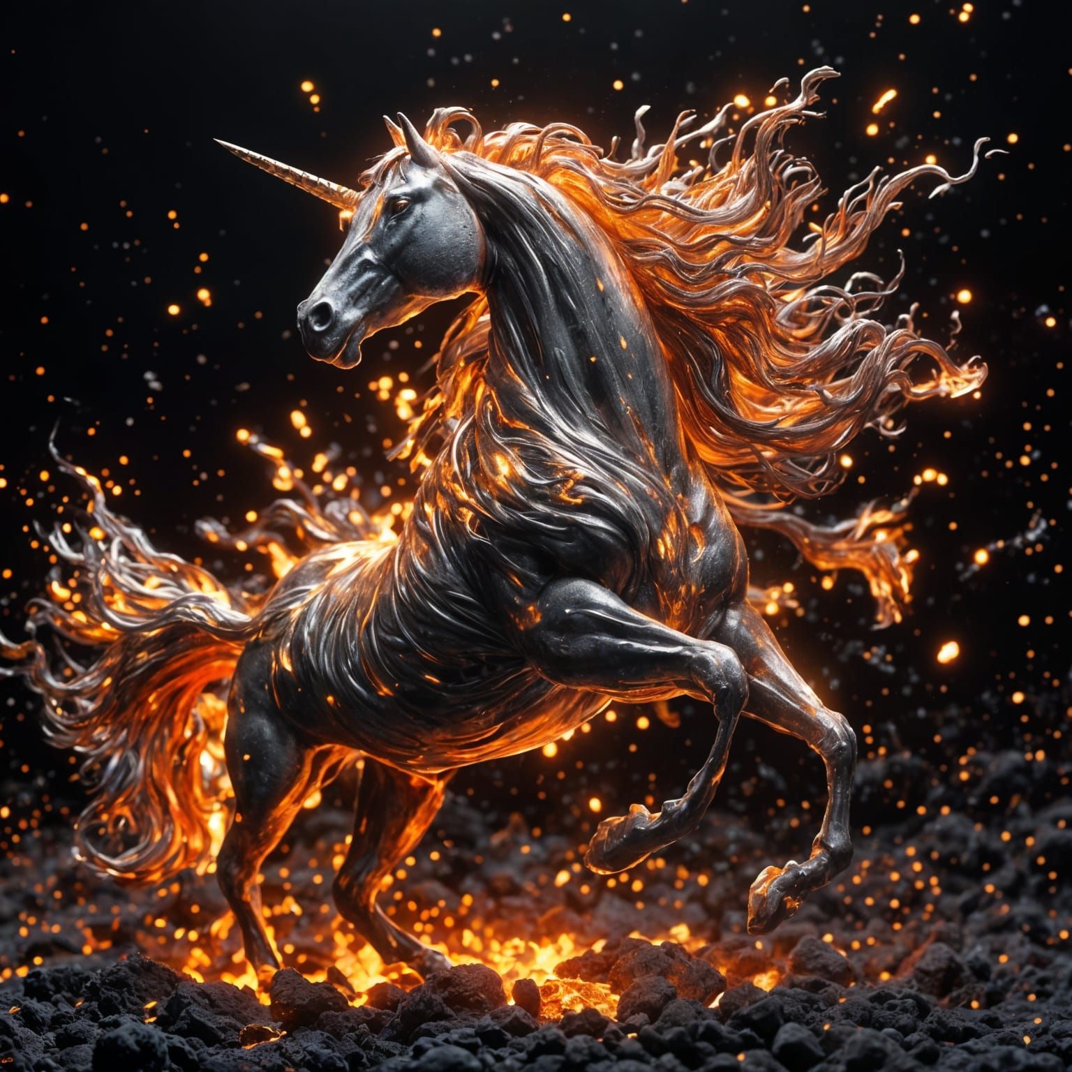 Molten Titanium Unicorn Sparking in Fiery Light
