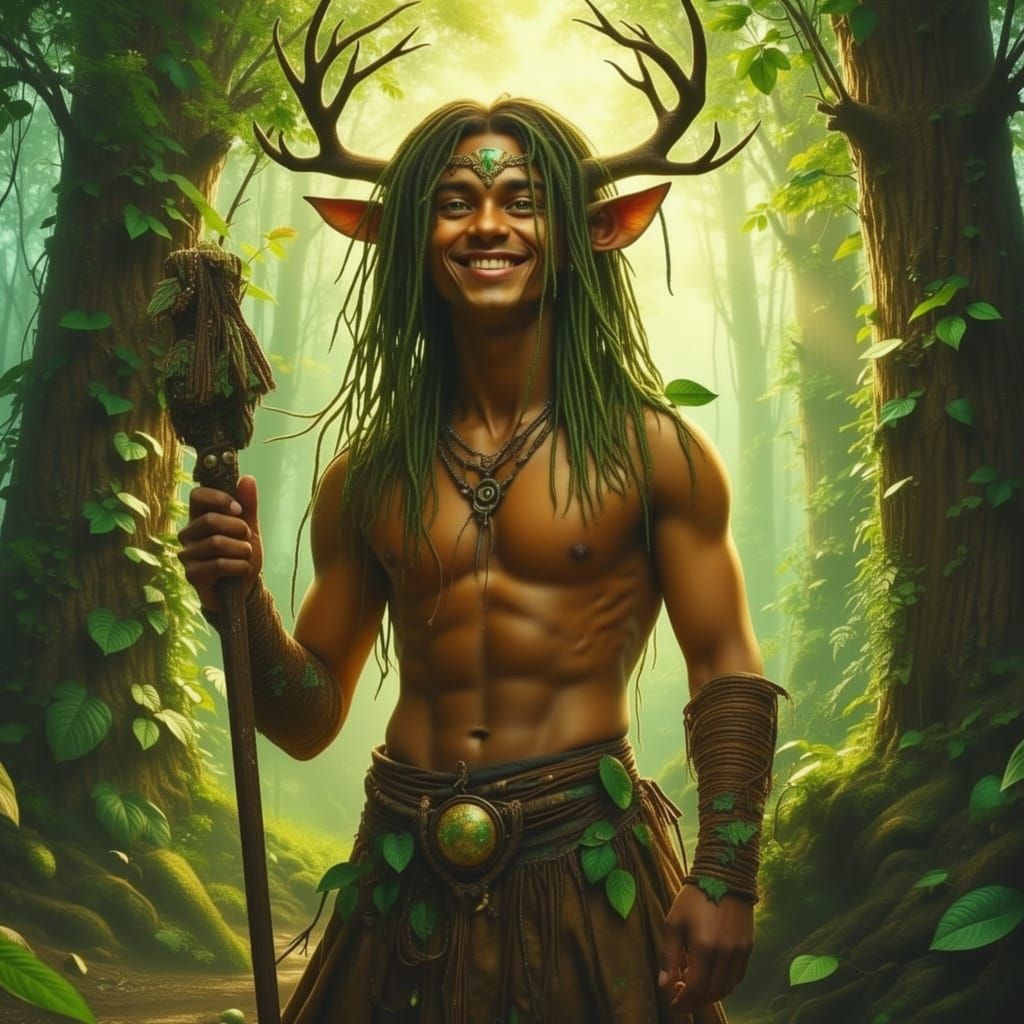 Forest God with Antlers and Green Dreadlocks