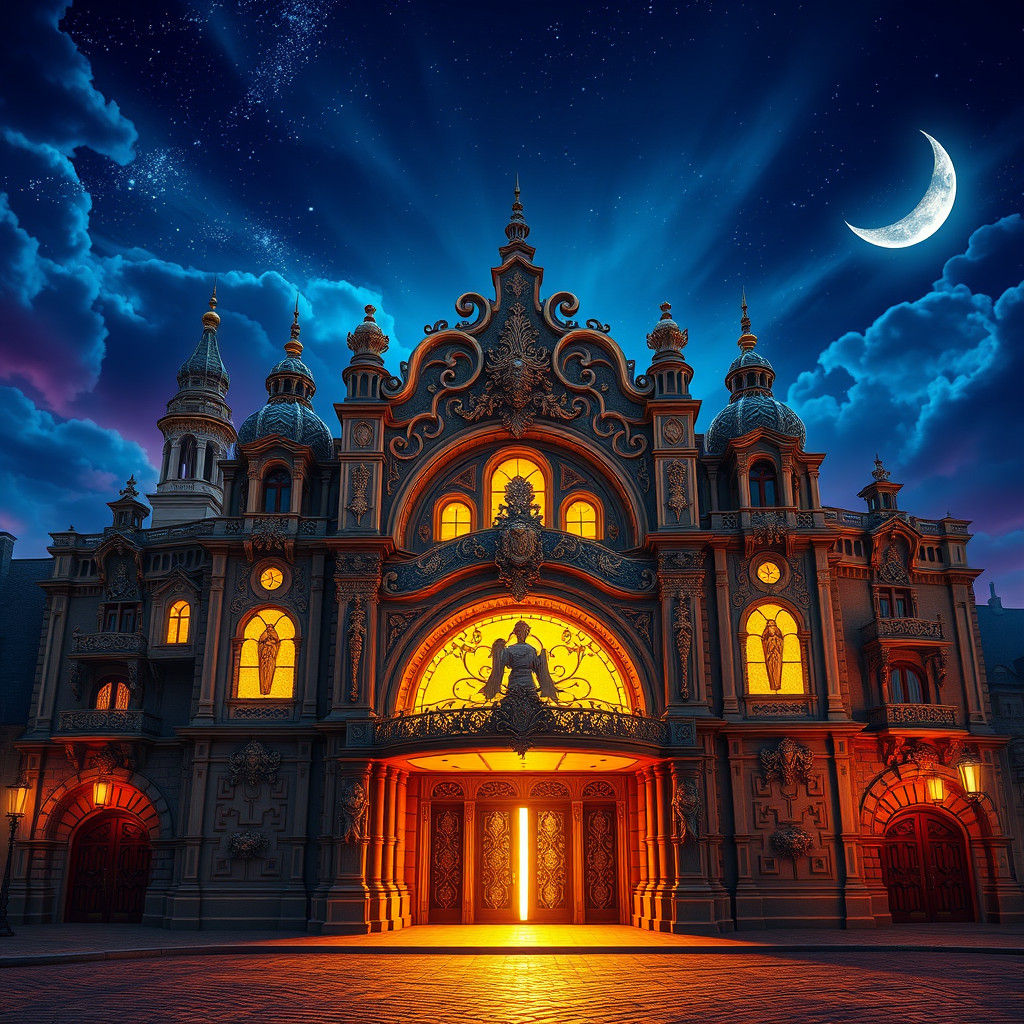 Majestic Ornate Theatre Under Night Sky, Fantasy Concept Art