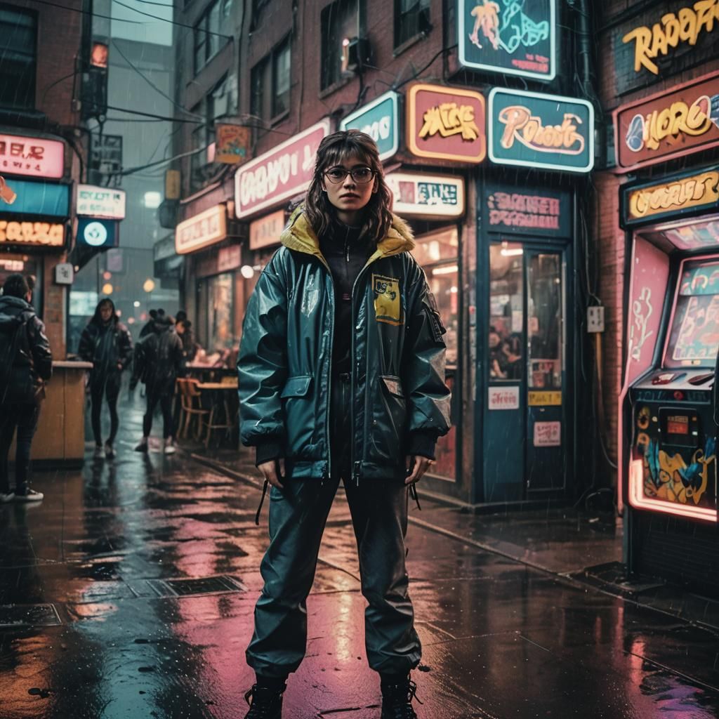 1980s Cyberpunk Teenager in Rainy Street Scene