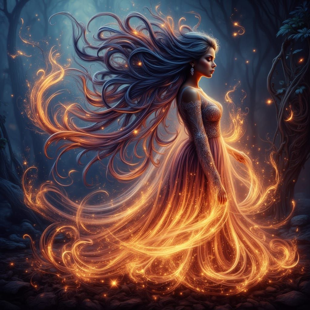 Whimsical Wizardess Amidst Ethereal Flames