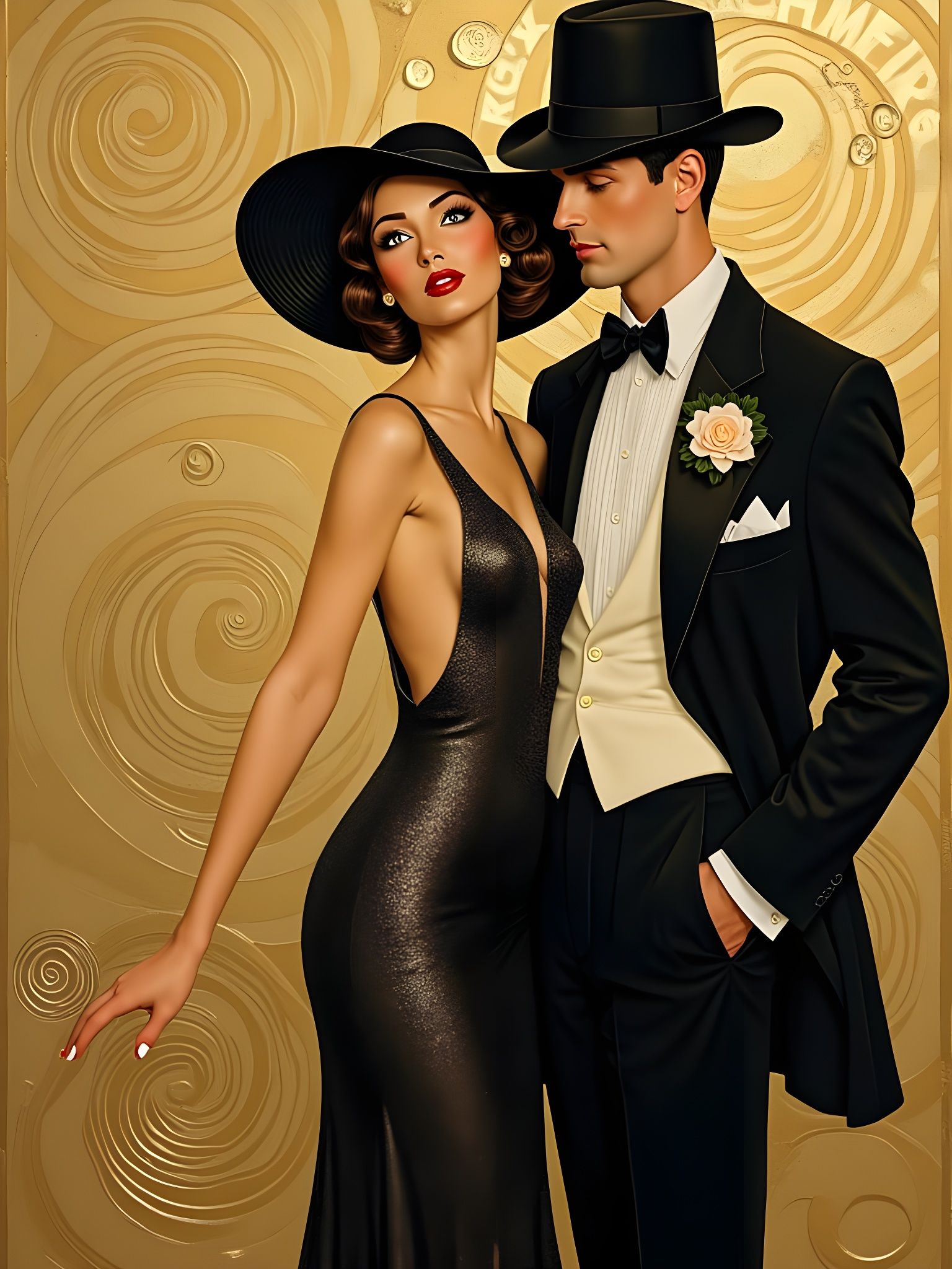 Art Deco Flapper with Tuxedo Man in Spirals