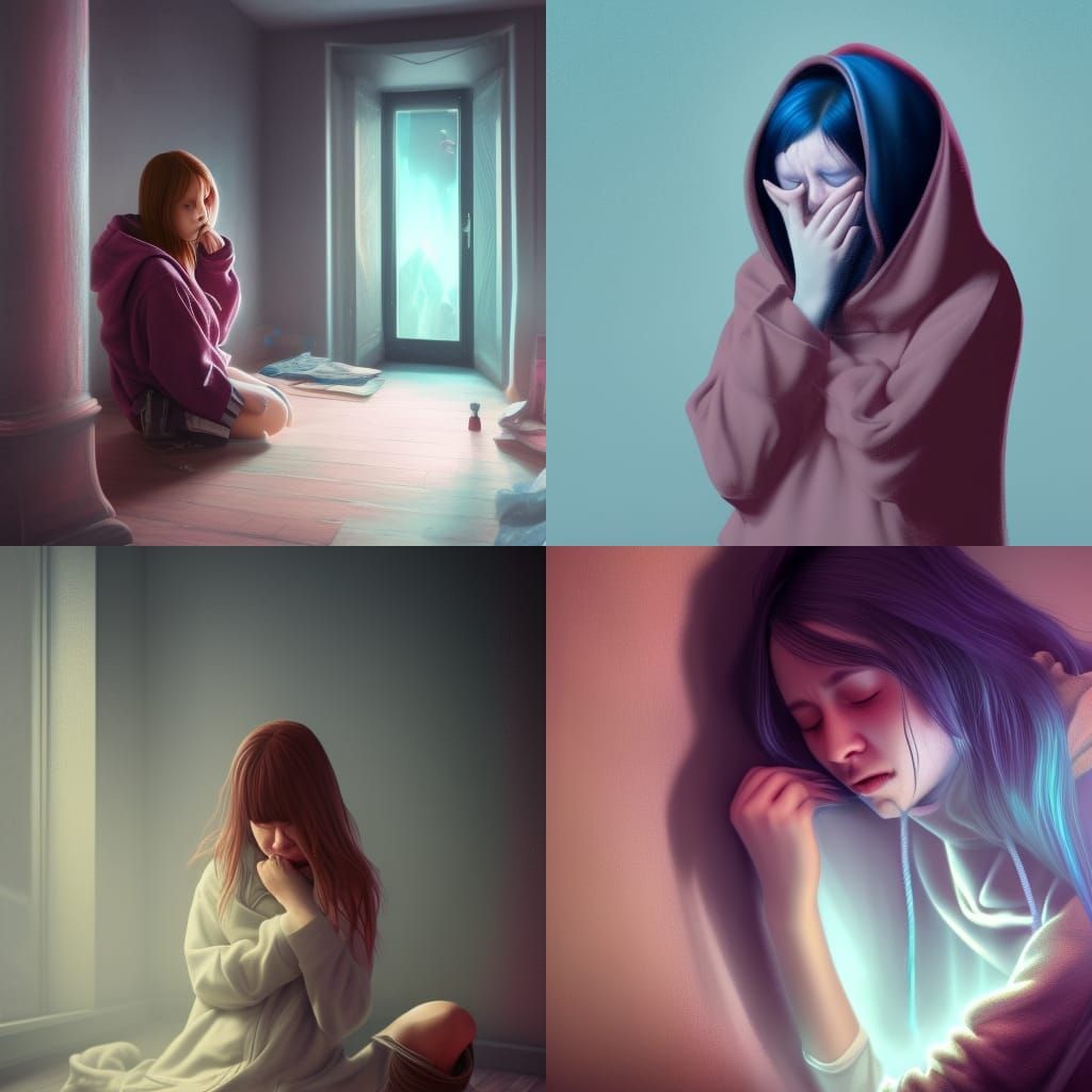 Distraught Woman in Oversized Hoodie: Matte Painting