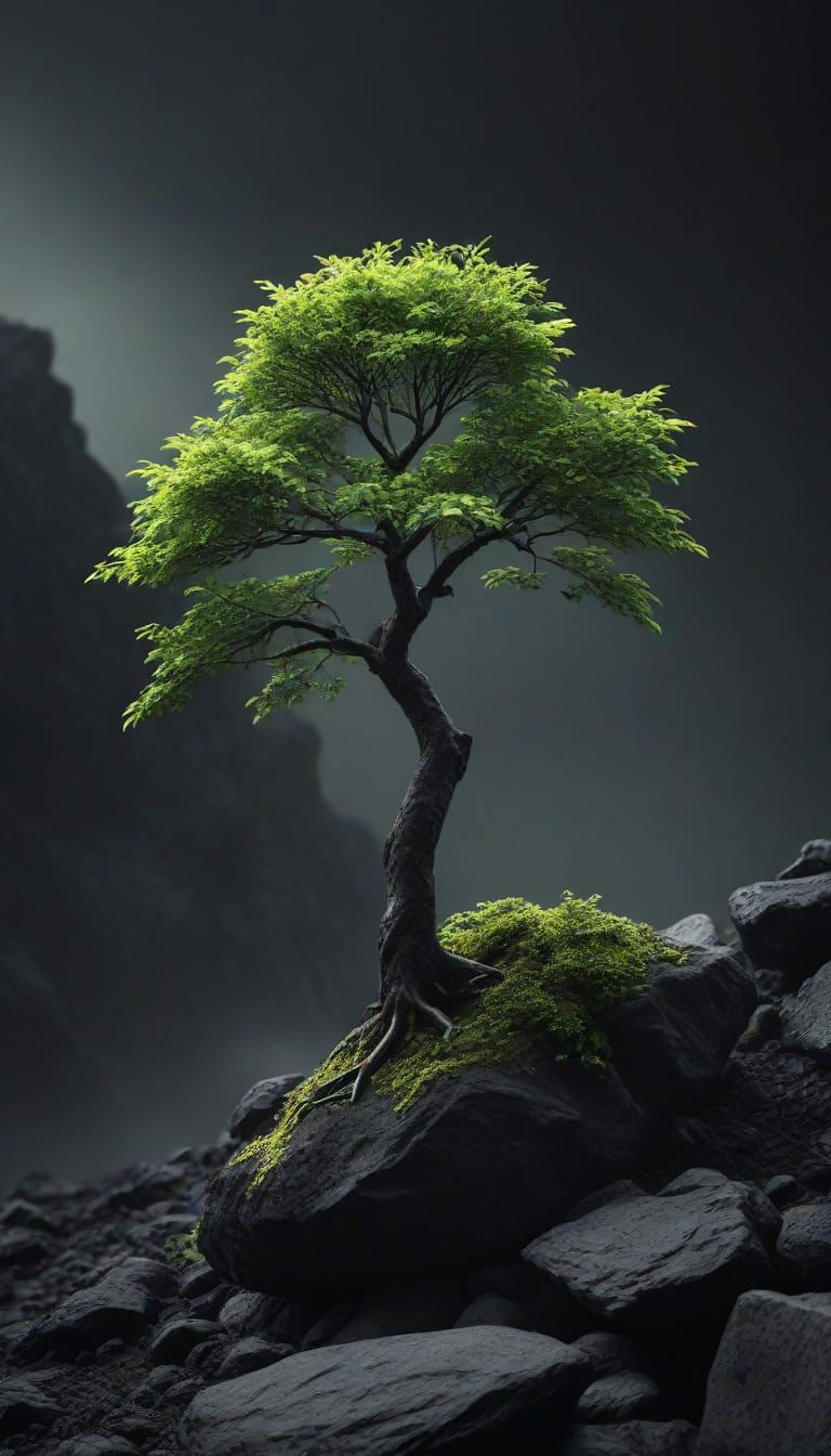 Vibrant Green Tree on Volcanic Rock - Ultra-Realistic