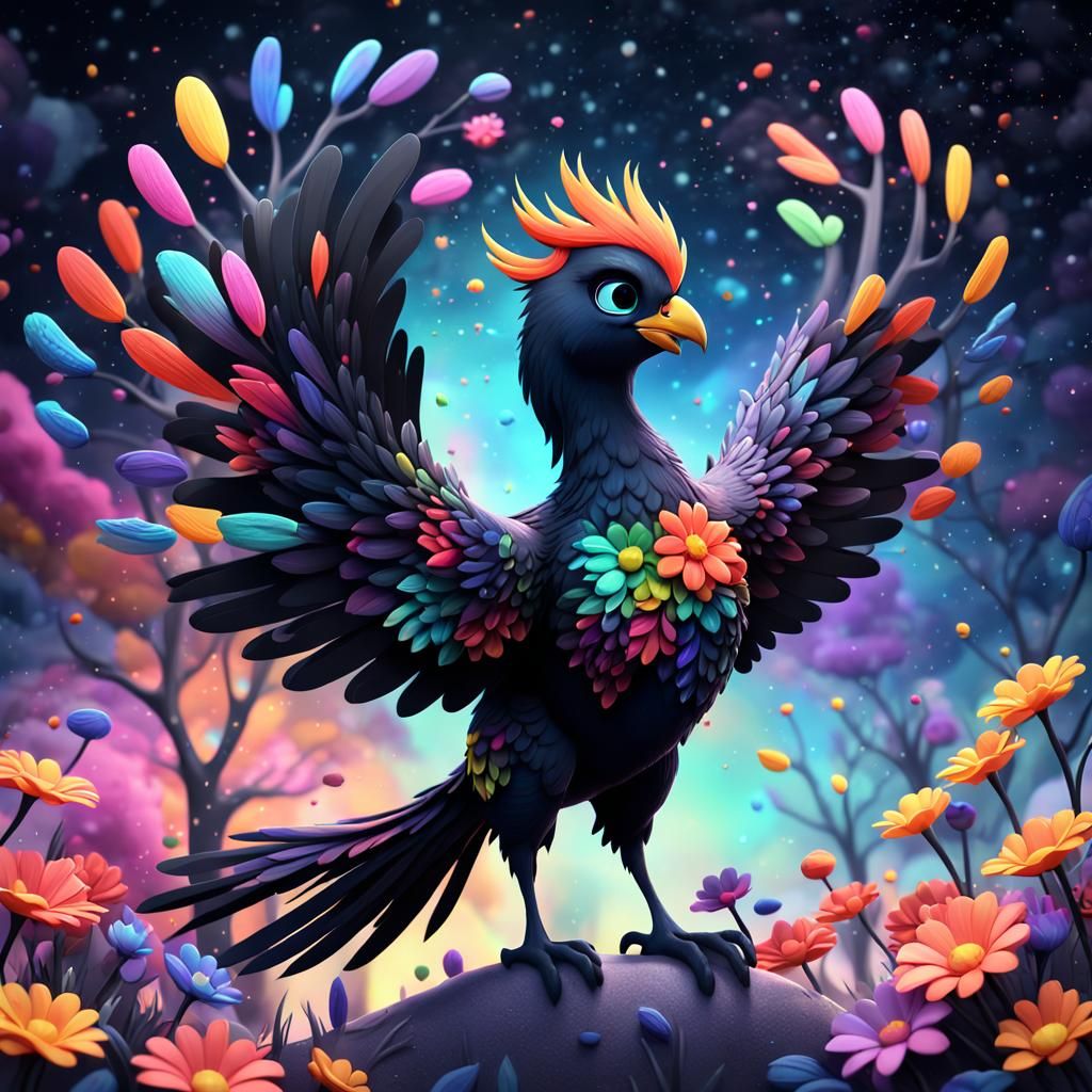 Cute Black Phoenix with Flowers in 3D Digital Art