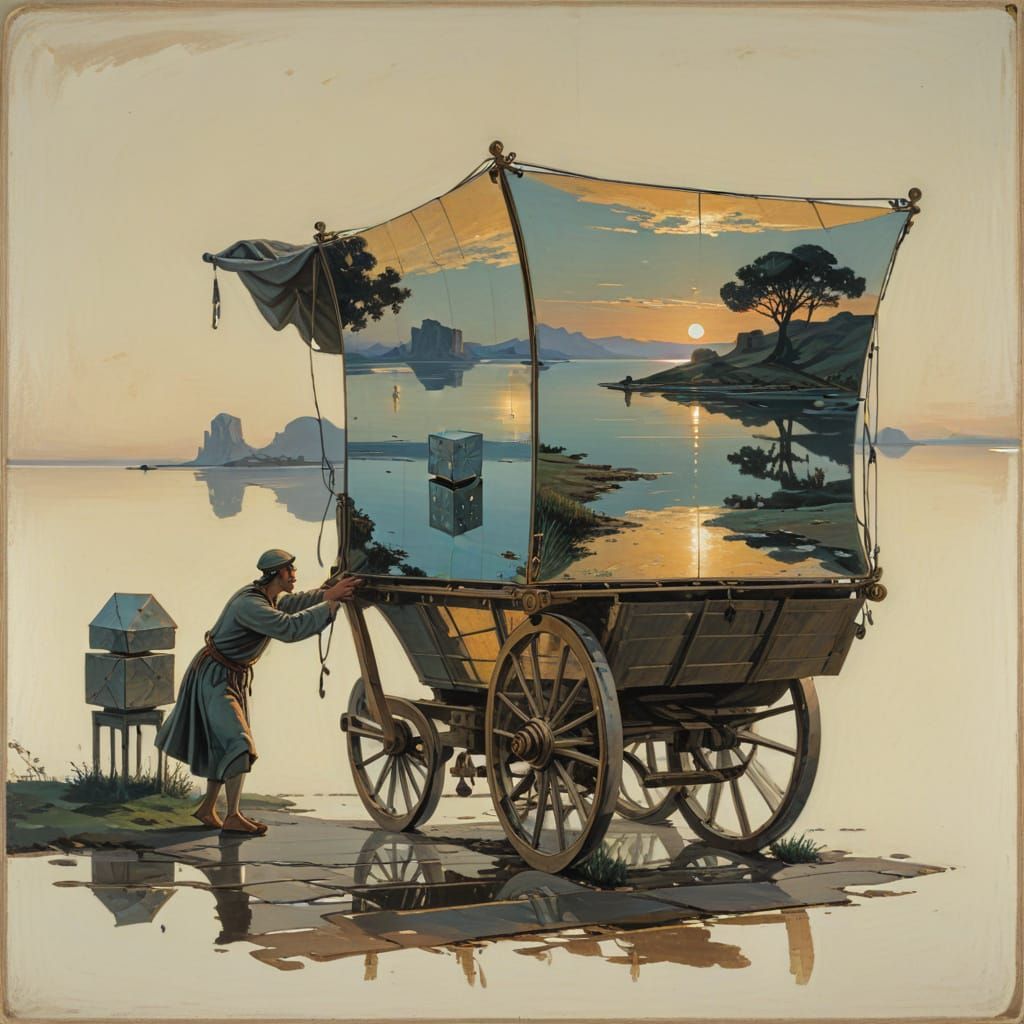 Charioteer with Mirror Cube Reflecting Landscapes