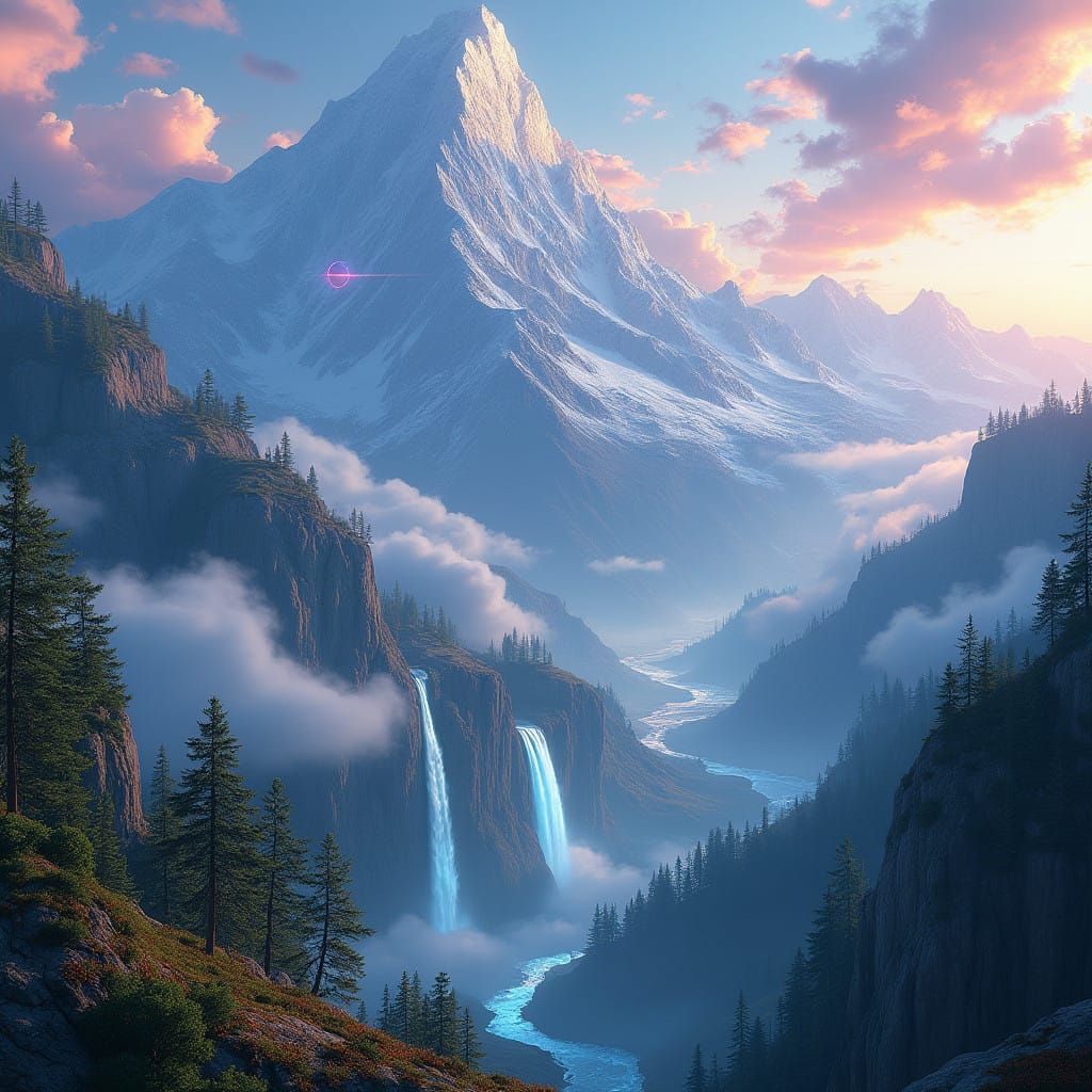 Epic Mountain Range with Iridescent Waterfalls and Celestial...