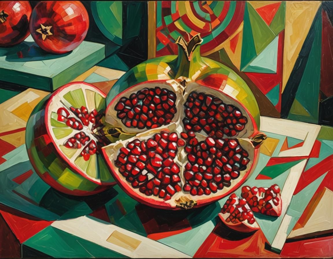 Cubist Pomegranate Still Life in Bold Colors